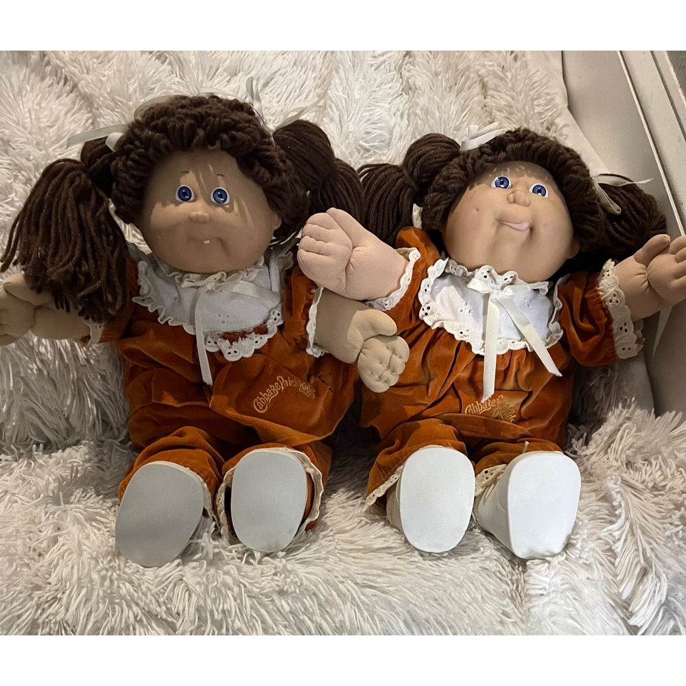 Vintage Cabbage Patch Kids Twin Doll Set Mold 2 and 44 Orange Outfits 1980s